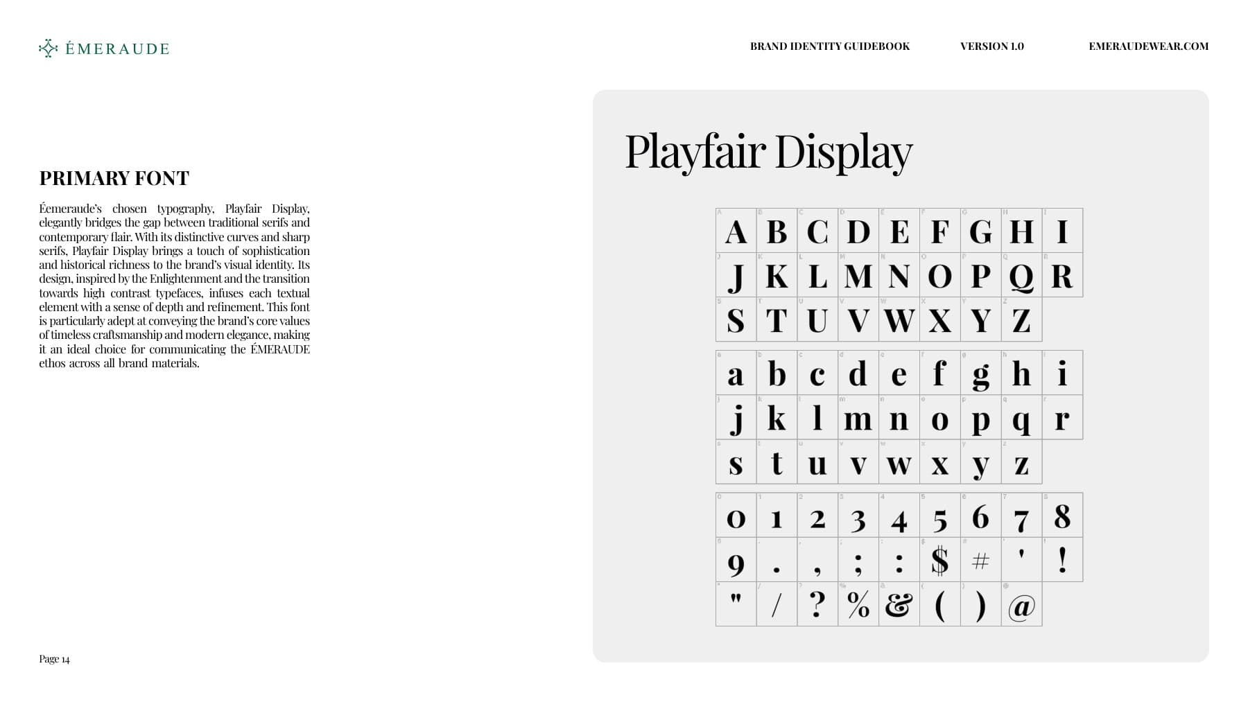 emeraude brand guidebook — Playfair Display specimen