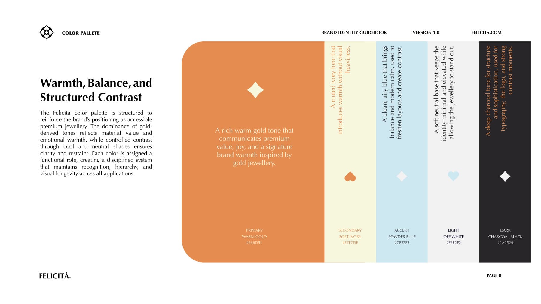 felicita brand guidebook — colour palette — warmth, balance, structured contrast