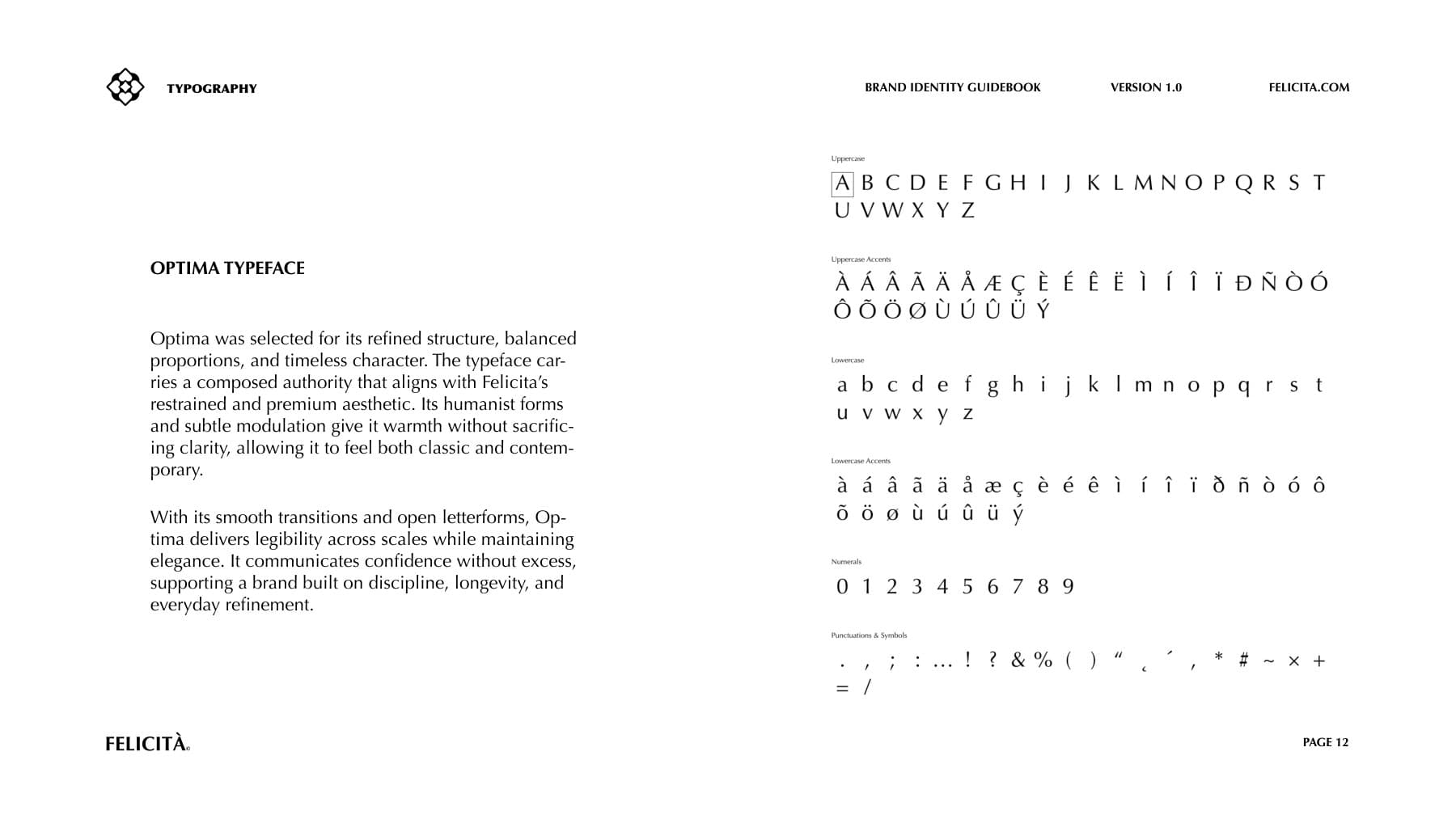 felicita brand guidebook — Optima typeface specimen