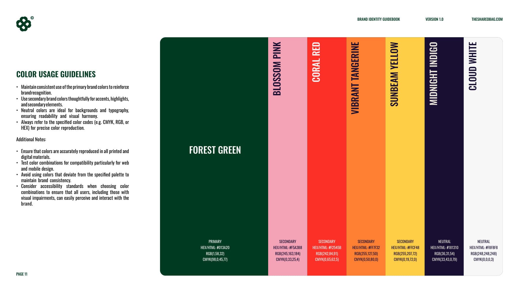 the shared bag brand guidebook — seven colourways